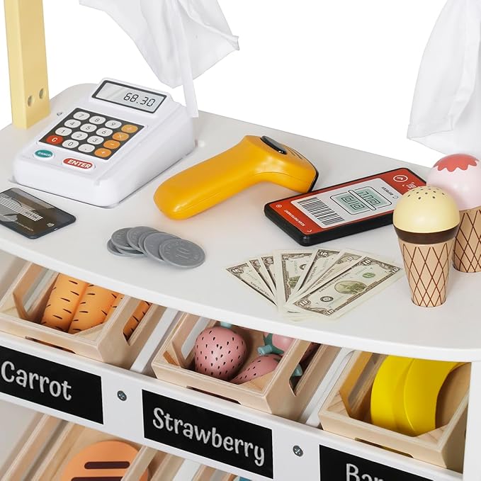 Kids Grocery Store Playset,Pretend Play Store Toy & Wooden Supermarket Shopping Cart with Toy Cash Register, Play Money&Blackboard;26PCS Food Toys Shop for 3+ year old boys girls toddler baby