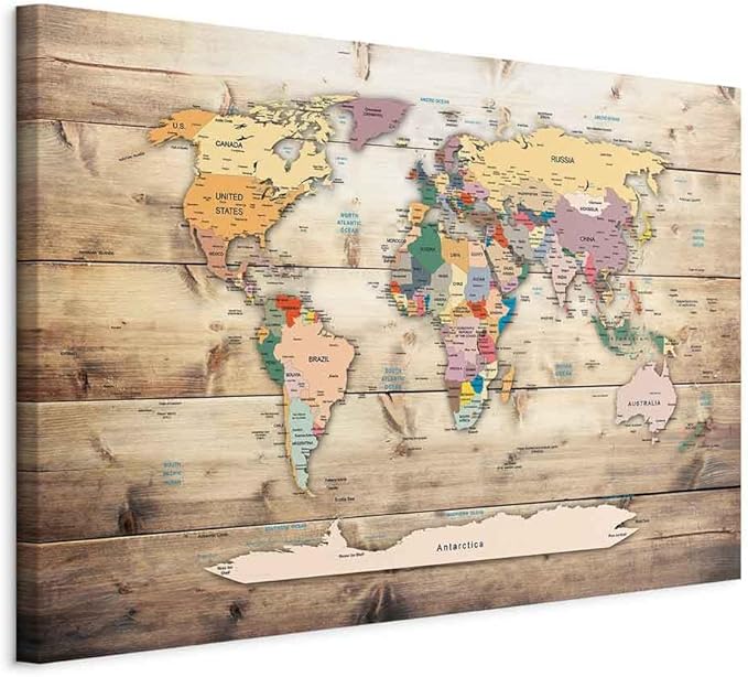 artgeist Acoustic Canvas Wall Art Print World Map 35x24 in - 1pcs Picture with Acoustic Foam Sound Print Artwork Room Acoustics Soundproofing World Travel Map Wood k-B-0009-b-b