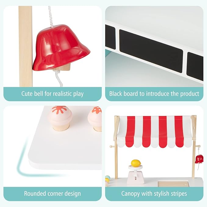 Costzon Kids Pretend Play Grocery Store, Wooden Ice Cream Cart Toy Set for Kids with Ice Cream Making Counter, Scale, Bell, Display Shelves, Black Board, Canopy, Solid Wooden Wheels, Gift for Toddlers