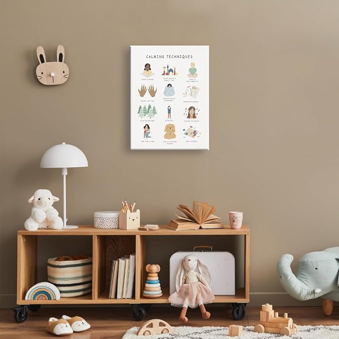 uoyien Calming Corner Classroom Mental health Poster Feelings Calming Techniques Canvas Wall Art Boho Emotions Chart for Kids Prints Special Education Wall Decor for School 12x16in Wood Framed