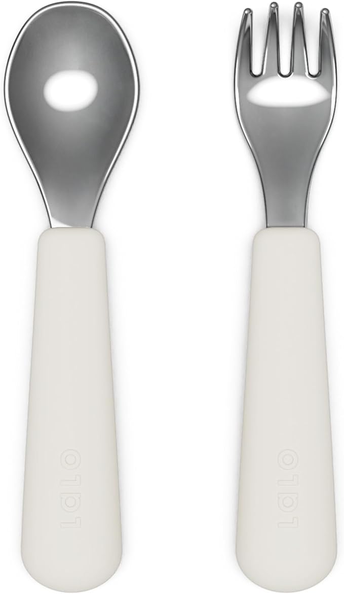 Lalo Utensils - Toddler Fork and Spoon Set - Stainless Steel and Silicone Ergonomic Toddler Utensils - Children Safe Flatware Set - 2 Pieces - Oatmeal
