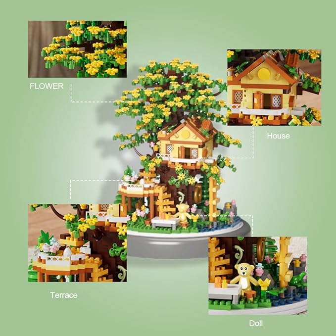 Cherry Blossom Bonsai Tree House DIY Building Flowers Set for Adults,2680PCS Challenging Mini Brick House Model Kit with LED Lights, Purple & Yellow Sakura Flowers, Includes Dust Cover for Display