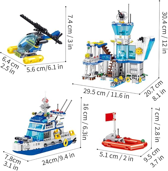 MindBox Police Station Building Blocks Set, 800pcs Building Toy with Ship,Boat & Helicopter for Boys 8+