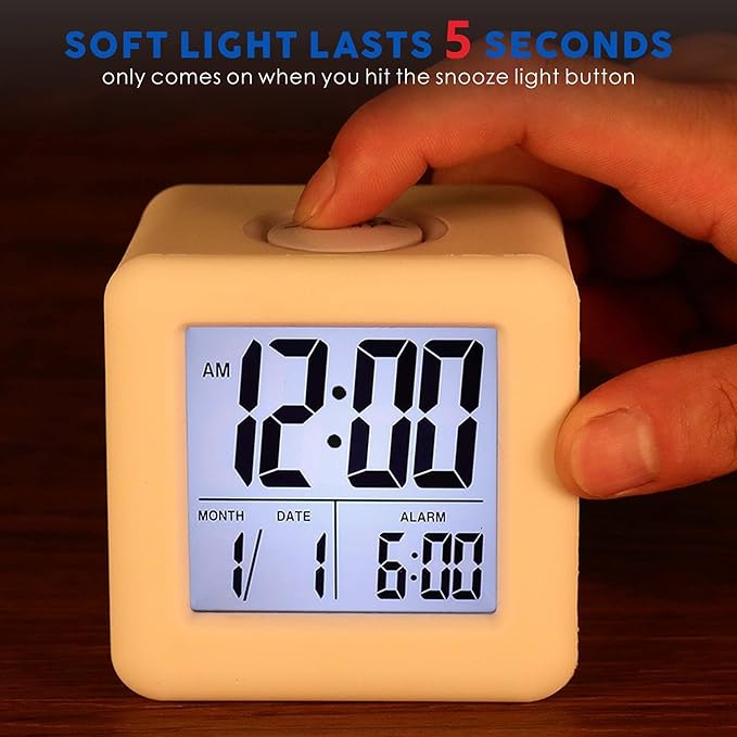 Plumeet Easy to Set Digital Travel Alarm Clock, Snooze Function, Soft Night Light, Large Screen time and Month and Date Display and Alarm, Progressive Sound Alarm and Handy Size (White)