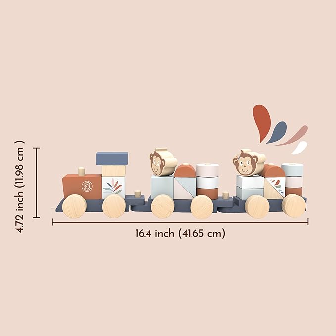 Speedy Monkey Wooden Pull-Along Train Stacker – Soft Colors, Monkey Character, Stacking Blocks, Build Houses | Non-Toxic Paint, Creative Fun, Ideal for Kids, Educational Toy for Toddlers