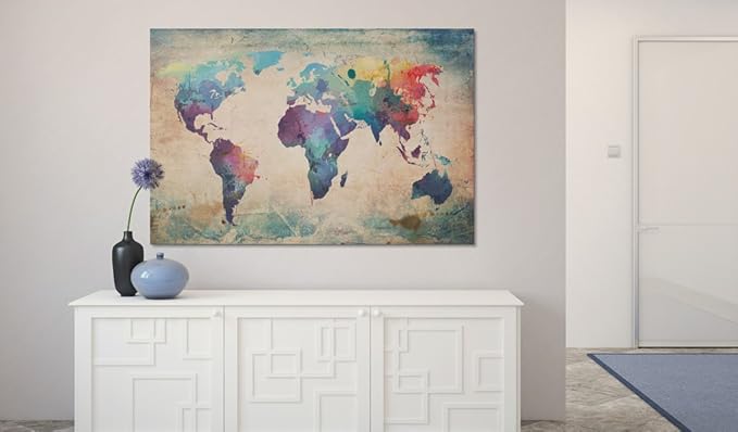 artgeist Pinboard World Map 35x24 in - Cork Board & Canvas Print Wall Art 1 pcs Memoboard with 50 Pins Noticeboard Message Board Image Picture Home Decor Travel Map k-C-0060-p-a