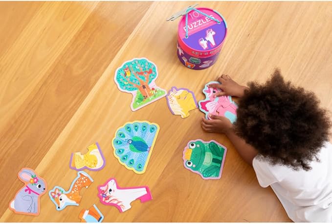 Crocodile Creek Let’s Begin Puzzle - Ten 2-Piece Beginner Puzzles for Ages 2 and Up - Heavy-Duty Storage Canister with Handle - Colorful Unicorns Design - Each Puzzle is 6" L x 4" H Finished