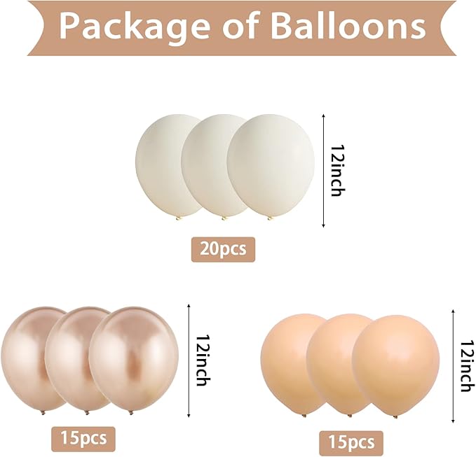FEYG 50PCS Beige Balloons, 12 Inch, Cream, Nude, Sand, White, Metallic Gold, with Ribbons for Baby Shower, Birthday, Theme Party Decorations