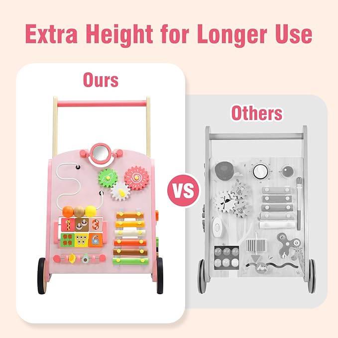 CUTE STONE Wooden Baby Walker, Montessori-Style Push Walker with Activity Center, Adjustable Height, Push Toys for Toddler Development, First Birthday Gift for Kids Pink