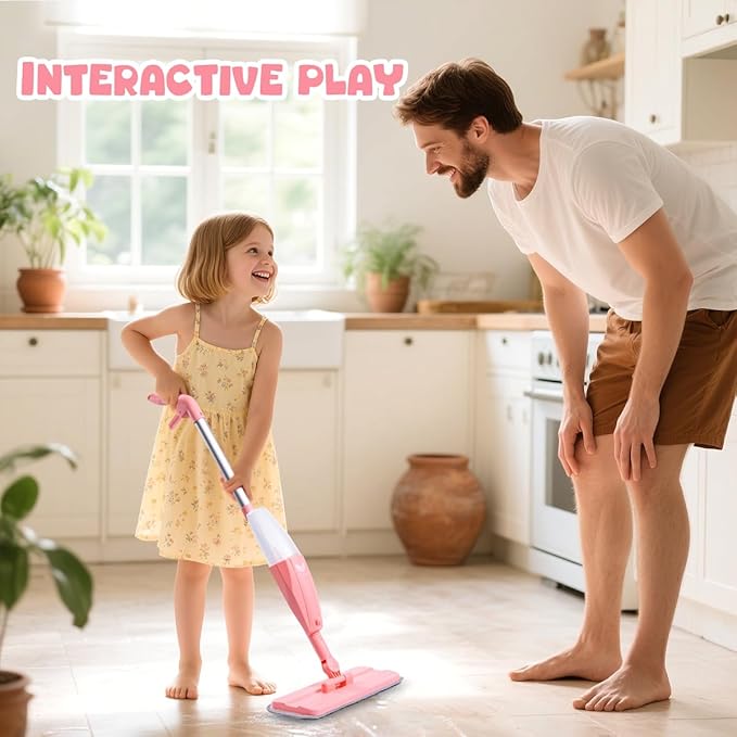 Kids Spray Mop, Pink Mini Mop Set with 2 Microfiber Washable Pads and 10 Disposable Dry Dusting Cloths, Dust Mop for Floor Cleaning, Small Mop for Toddlers Gift