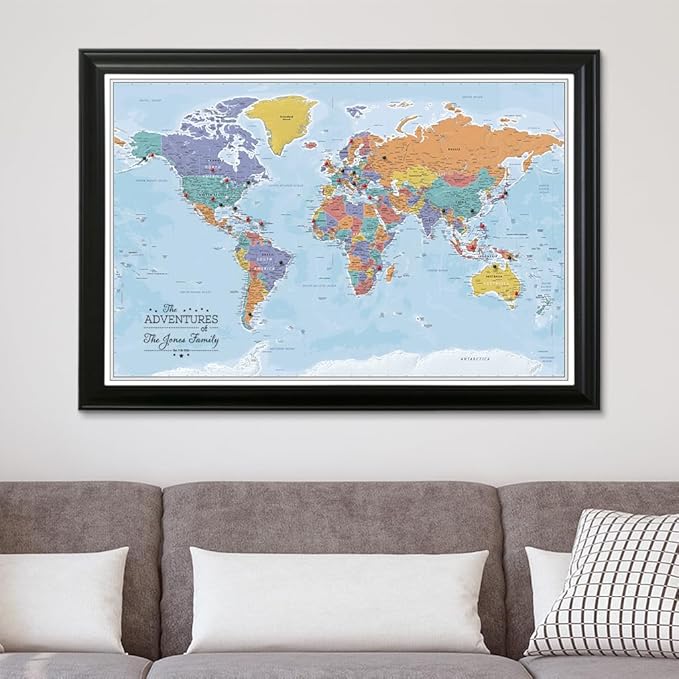 Personalized Canvas World Map Pin Board Wall Art with Pins – Large 24" x 36" Blue Oceans Map of the World with Black Frame – Push Pin Travel Decor for Home or Office