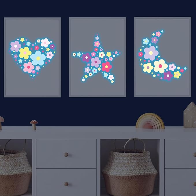 Glow in The Dark Y2k Cute Flowers Wall Decals，Glowing Luminous Colorful Floral Wall Stickers Colorful Removable self-Adhesive Preppy Hippie Stickers for Girls Bedroom (Lovely Color)