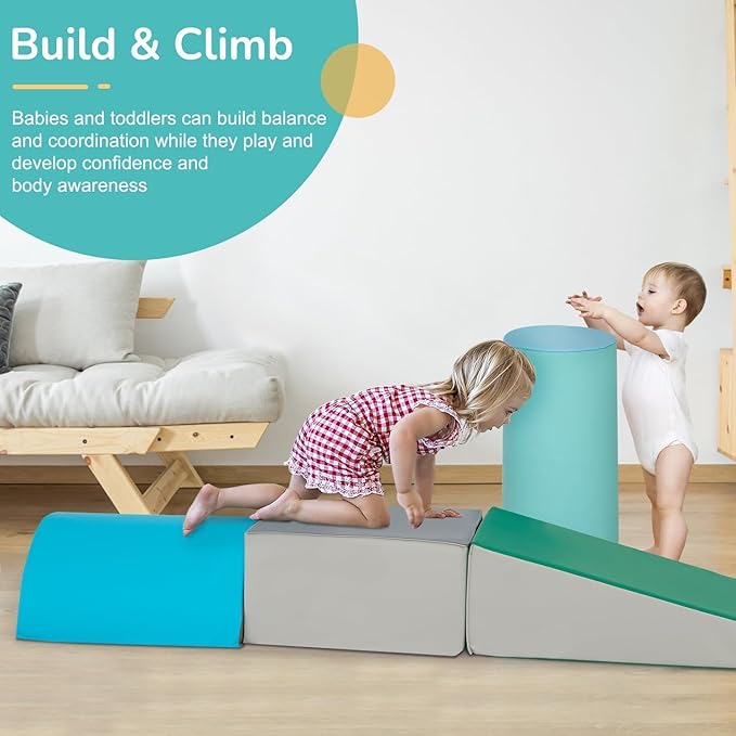 PayLessHere Climbing Toys for Toddlers 5 Piece Corner Foam Climbing Blocks Set with Soft Foam and Strong Structure for Babies 1-3 Crawling and Sliding Activity Play Indoor(Blue, 5 Piece)