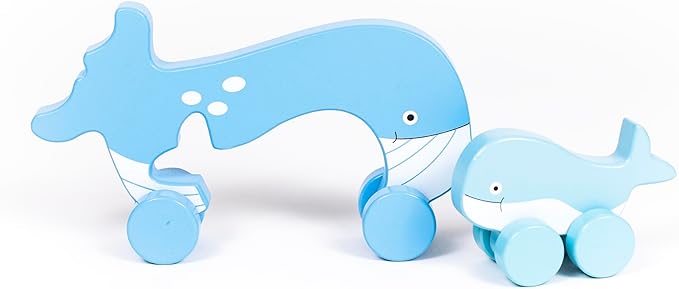 Big & Little Whale Push Toy by Jack Rabbit Creations- 2 in 1 Wooden Roller Animals- STEM Toys for Toddlers Develops Coordination- Ages 18 Months+