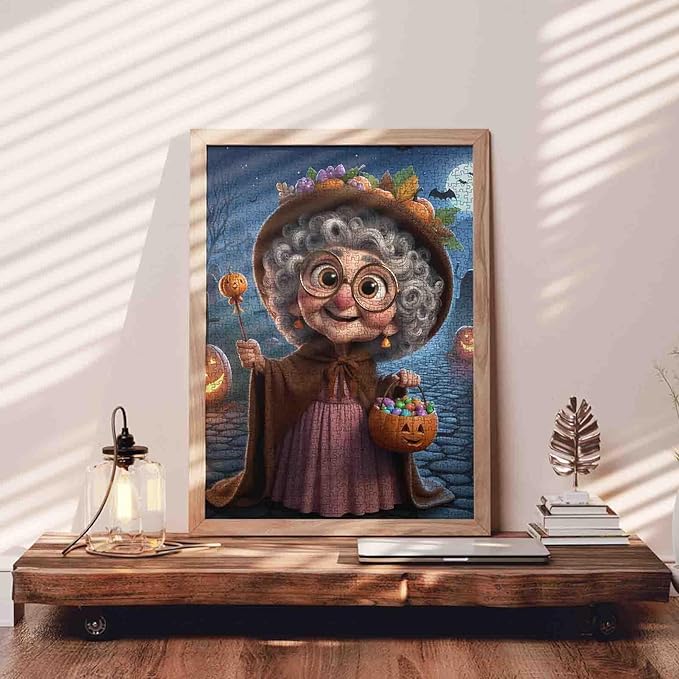 Halloween Grandma Holding Pumpkin Candy Bucket 1000 Piece Jigsaw Puzzle for Adults Students 20×27 Inches Full Moon Bats and Lanterns Cozy Fall Puzzles for Home Display and Gift Giving