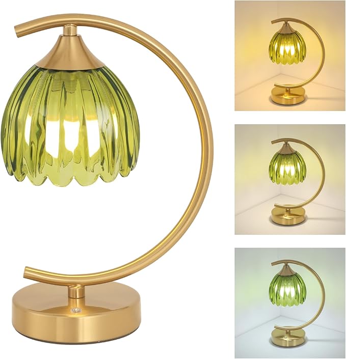 Cordless Table Lamp with 5200mAh Battery & Touch Control - 3 Adjustable Color Temperatures Bulb, Rechargeable Small Table Lamps for Living Room, Bedroom, Office Desk, Nightstand (Green Tulip)