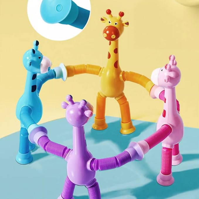 4 Pcs Telescopic Suction Cup Giraffe Toy, Funny Pop Tubes Sensory Toy for Toddlers, Educational Fidget Toys Basket Stocking Stuffer for Anxiety Kids for 3 4 5 6 7 8 9 Year Old Boy Girl