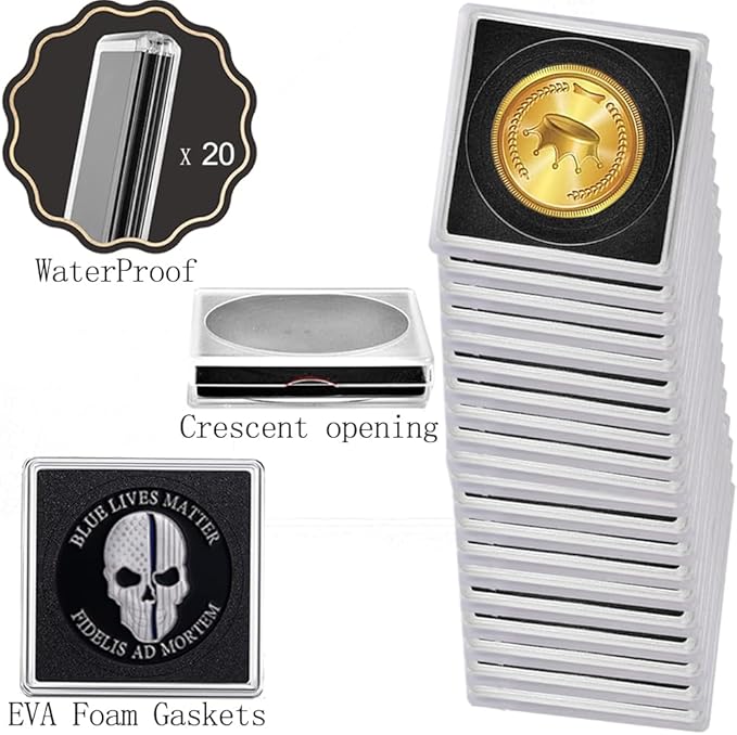 Coin Capsule Coin Snap Holder 2 x 2 Inch Half Dollar Coin Holder, Coin Cases for Collectors Coin Sleeves Collectors for Coin Collection Supplies (Black Foam Gasket, 20)