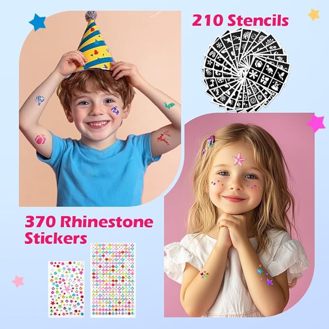 Temporary Glitter Tattoo Kids, Bledras 42 Glitter Colors Glitter Tattoo Kit,210 Unique Stencils,3 Glue,5 Brushes,6 Stickers, Glitter Tattoos for Kids,Adults,Boys Girls Birthday Party Halloween