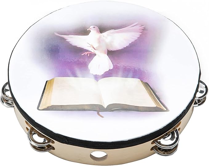 Tambourine 10 inch Dove Bible Double Row Jingle Tambourine for Adults,Handbell Clap Drum Tambourines for Pray Church Party Musical Instrument (10 inch Dove)