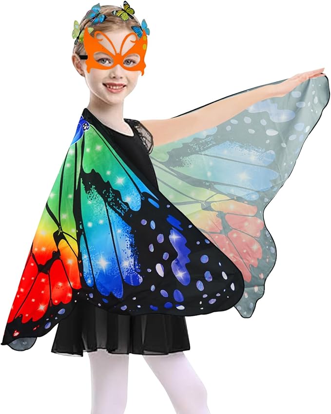 Butterfly Costume for Girls Fairy Wings Kids 4 Pcs(Cape,Skirts,Masks,Hair Clips) Butterfly Wings for Halloween Gifts