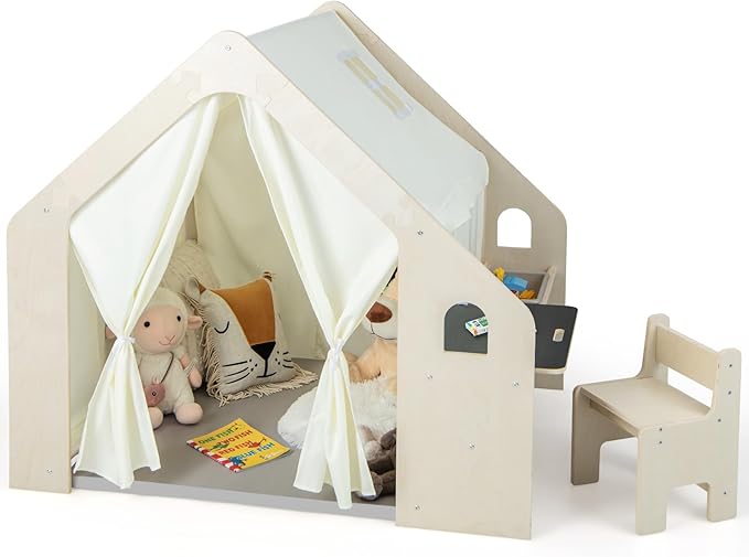 Costzon Kids Tent, 6-in-1 Wooden Frame Play House with Table and Chair Set, Blackboard, Side Storage Bag & Soft Floor Mat, Indoor Playhouse for Boys Girls Aged 2-6 Years Old
