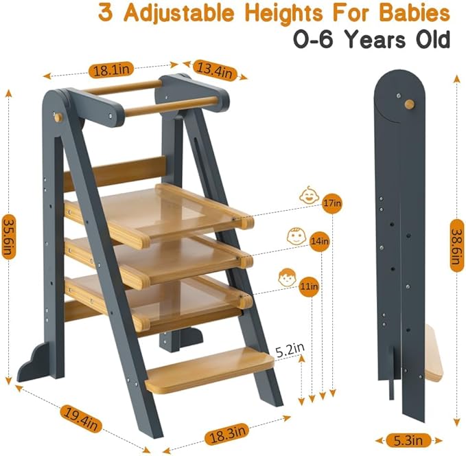 Toddler Tower, Foldable Step Stool for Toddlers, Toddler Kitchen Stool Helper with 3 Adjustable Height Safty Rail and Anti-Tip Structure, Learning Tower for Toddlers Kids Baby