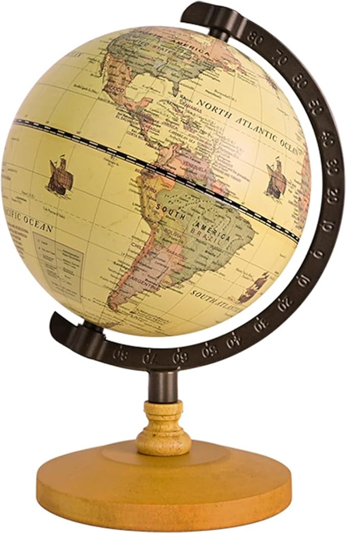 Vintage Mini World Globe for Adults Kids,Dia 5.5" with Wooden Stand Metal Frame,Antique Color Decorative Desktop Globe for Home Office Decor,Educational Geographic Globe for Kids Learning