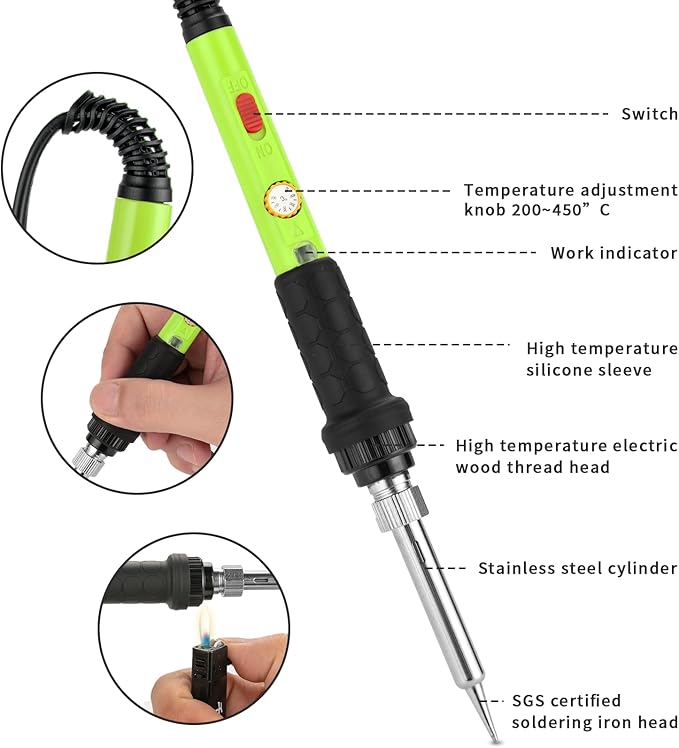 Soldering Iron Kit, 60W Soldering Iron with 5pc Interchangeable Tips, 10-in-1 Adjustable Temperature Solder Welding Tools, Fast Heating, Electronic Repair, 110V, Green
