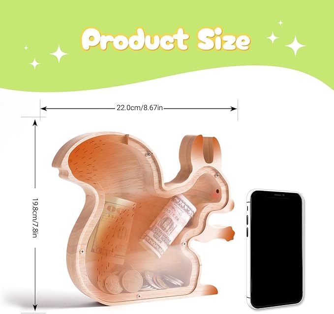 Wooden Squirrel Piggy Banks for Boys, Cute Unbreakable Money Coin Bank Jar, Safe Money Box, Transparent Saving Jar, Birthday Anniversary Baptism Gifts for Boys Toddler Squirrel Lovers