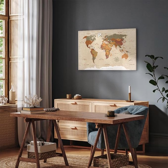 artgeist Acoustic Canvas Wall Art Print World Map 35x24 in - 1pcs Picture with Foam Sound Artwork Room Acoustics Soundproofing Poster of The Travel k-C-0048-b-d World Map #06