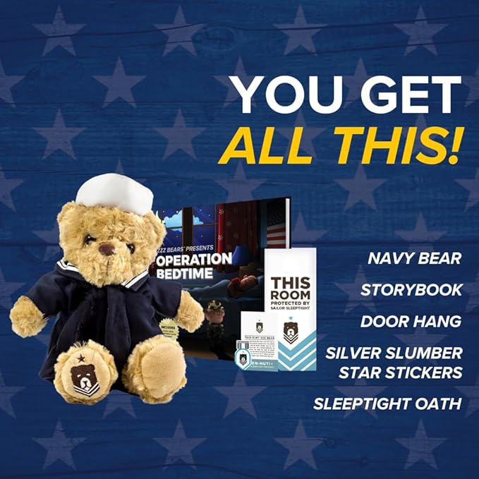 ZZZ Bears Sailor Sleeptight Navy Teddy Bear with Storybook & Sleep System, Comforting Gift for Navy Kids, Helps with Bedtime Routine, Deployment Separation & Emotional Support