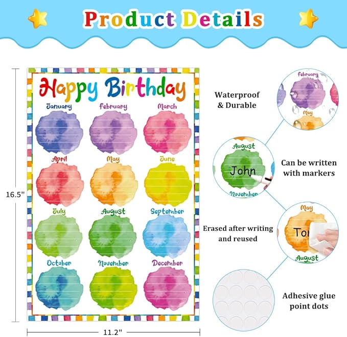 FLYAB Happy Birthday Chart for Classroom - Watercolor Celebration Poster for Kids Back To School Bulletin Board Decorations Teacher Supplies