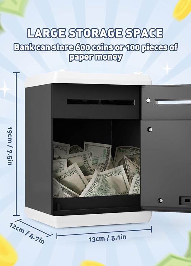 Piggy Bank for Girls Boys Large Electronic Money Coin Banks with Password Protection, Automatic Paper Money Scroll Saving Box, Great Gift for Kids(Black-White)
