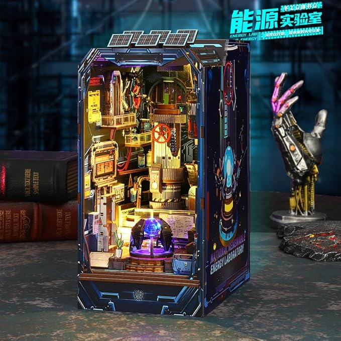 DIY Book Nook Kit - DIY Miniature Dollhouse Kit with Music Movement, Furniture and LED Lights, 3D Puzzle Wooden Art Bookends, Adult Building Model Kit (Energy Lab)