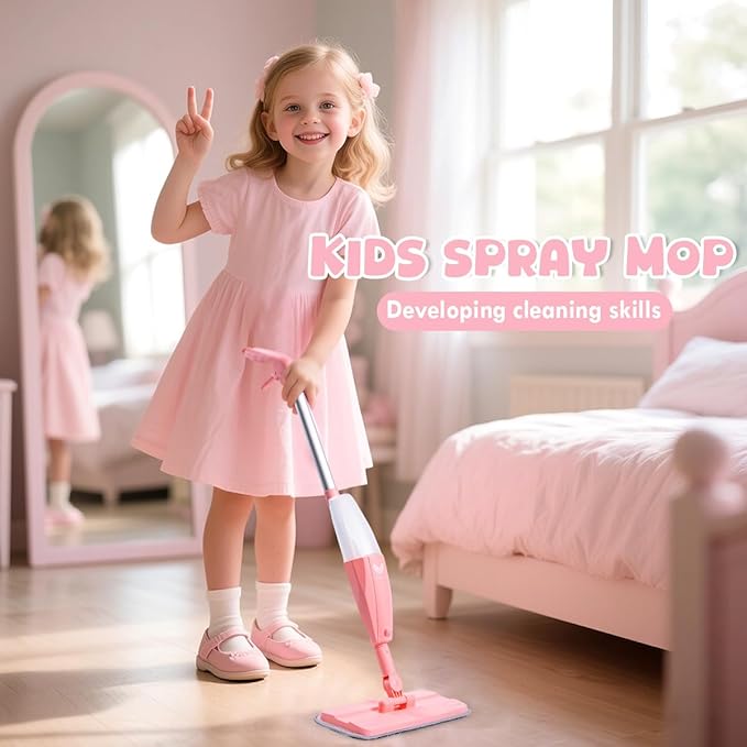 Kids Spray Mop, Pink Mini Mop Set with 2 Microfiber Washable Pads and 10 Disposable Dry Dusting Cloths, Dust Mop for Floor Cleaning, Small Mop for Toddlers Gift