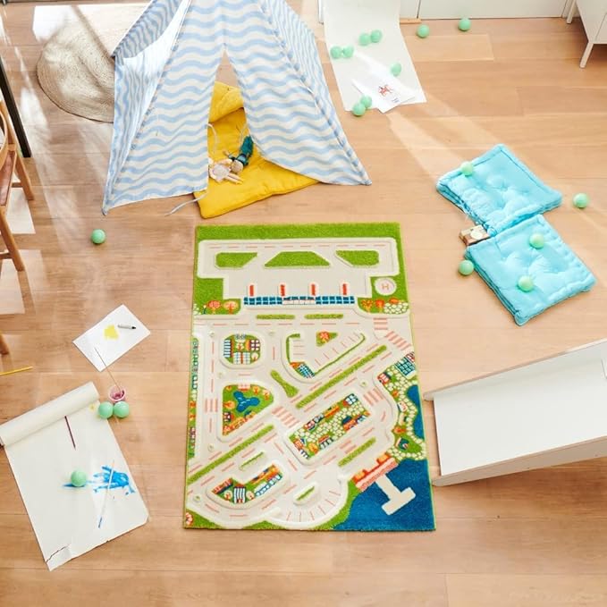 IVI Mini City 59" L x 39" W Educational Toddler Car Play Mat Rug for Bedroom, Kids Den, or Playroom