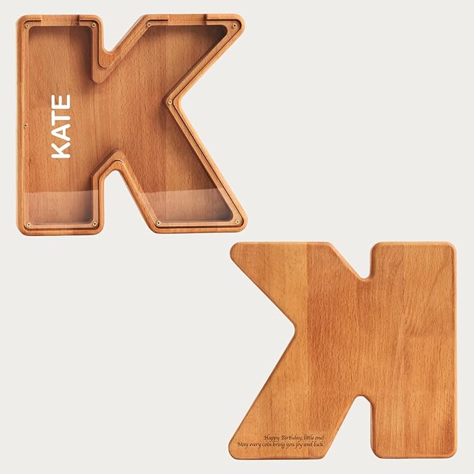 Personalized Wooden Piggy Bank – Custom Letter K Coin Bank in Beech Wood with Clear Acrylic Front, Engraved Name Option, Money Saving Box for Kids and Adults