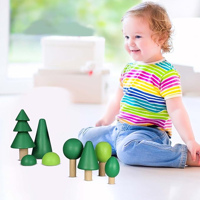 TEKOR (8 Pcs Wooden Tree Toy Set | Natural Wood Mini Trees | for Craft | Play Sets | Fairy Gardens | Decoration | Varying Green Colors | Creative Education Toys | Smooth | Multiple Play Options