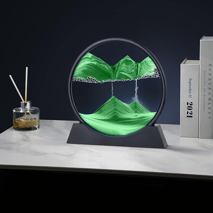 Moving Sand Art Picture - 3D Quicksand Painting Decor - Round Glass 3D Deep Sea Sandscape - Relaxing Home Decoration Desk Toys for Home Office Desk Mantle Bookshelf- (Green, 12 in)