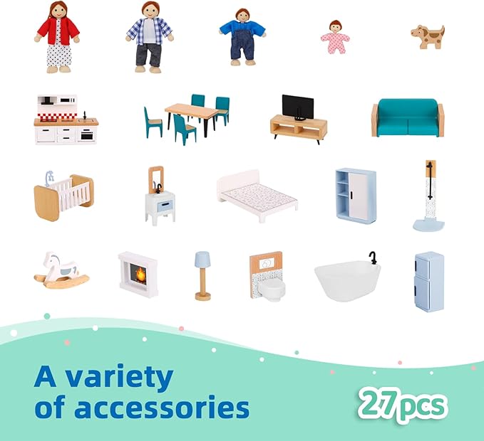 OOOK Wooden Dollhouse for Kids, Doll House with Simulated Luxury Furniture Set, Dollhouse Playset for Girls Toddlers (Including 4 Family Dolls and a Dog)