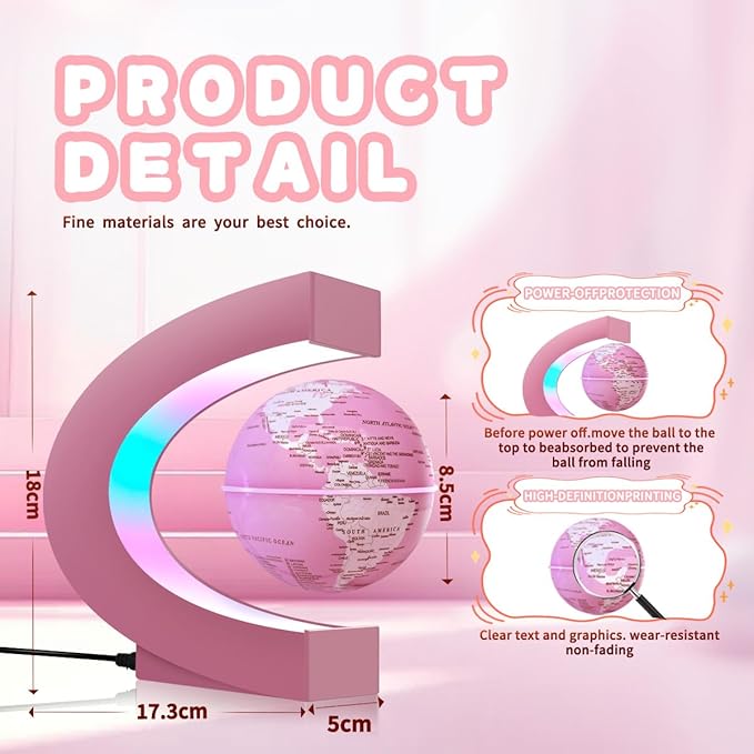 Magnetic Levitating Floating Globe Multi-color Changing Self-rotating with LED Lights, Desktop Decorative Globe, Cool Tech Gifts for Ladies/Mothers/Wives/Girlfriends/ (Pink)