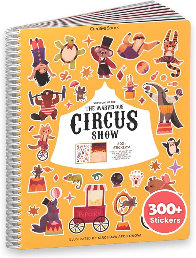 Cupkin Circus Show Activity Set for Kids, Side by Side Sticker Collection, Toddler Travel Essentials, 300+ Circus-Themed Stickers + 8 Play Scenes and Coloring Pages, Small Activity Pack