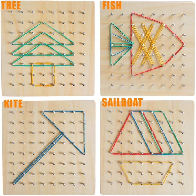 Kizh Wooden Geoboard Math Manipulative Material Graphical Geo Board Montessori Educational Toys Array Block Pattern Cards and Rubber Bands STEM Puzzle Matrix 8x8 Brain Teaser Toys