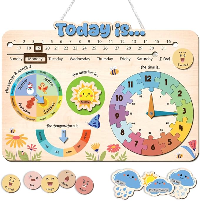 Interactive Calendar for Kids Ages 3+, Wooden Toddler Calendar, Teaching Seasons, Years, Months, Days of Week, Daily Activity Calendars for Kid Preschool & Homeschool (10 x 14 inches)