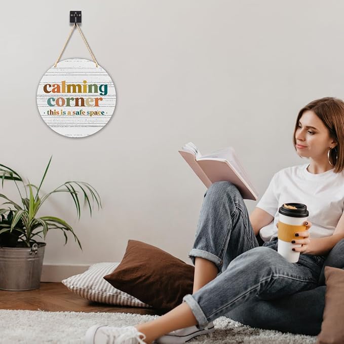 Calming Corner Hanging Wood Sign Plaque - Safe Space, Classroom Decor, School Counselor Office, Calm Down Corner Decorations, Boho Decor, 10x8 (Round, White)