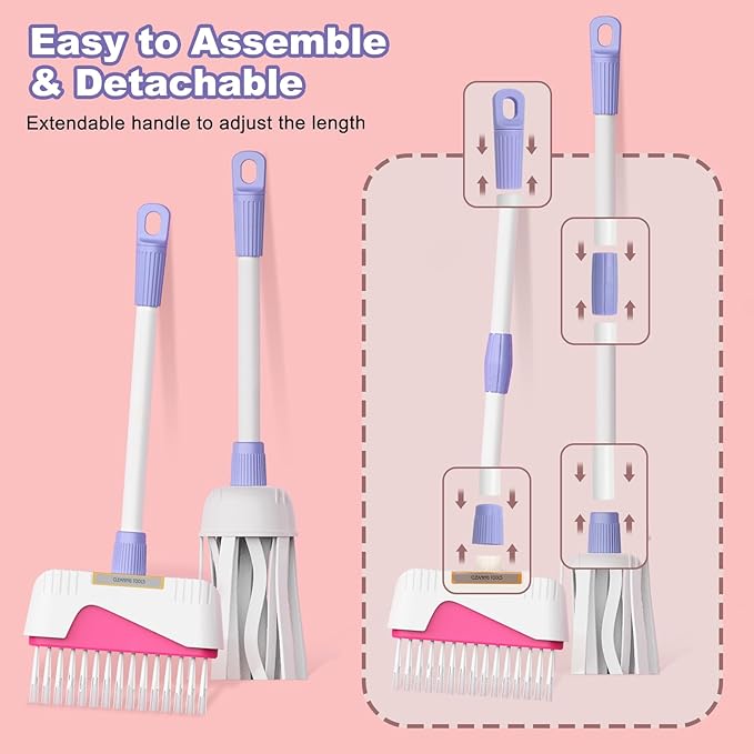 Jenilily Toddler Cleaning Set, Kids Cleaning Carts Toy Set, Detachable Kids Mop Broom Set for Toddlers - Pretend Play Educational Toy (Pink)