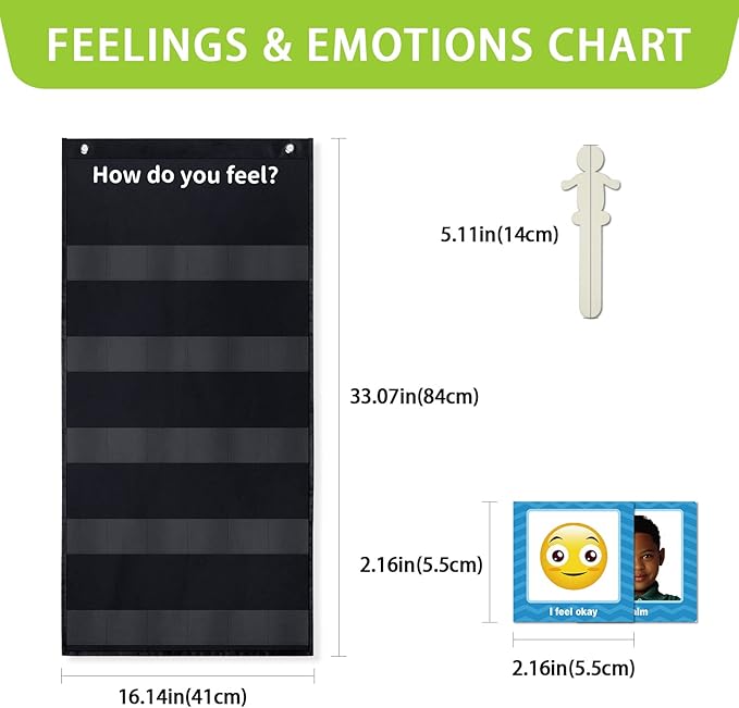 Boczif Emotions Feelings Pocket for Classroom Chart with 24 Cards for Preschool Teacher, Daycare Decor, Social Emotional Learning Activities, Calm Down Corner Supplies (Black)
