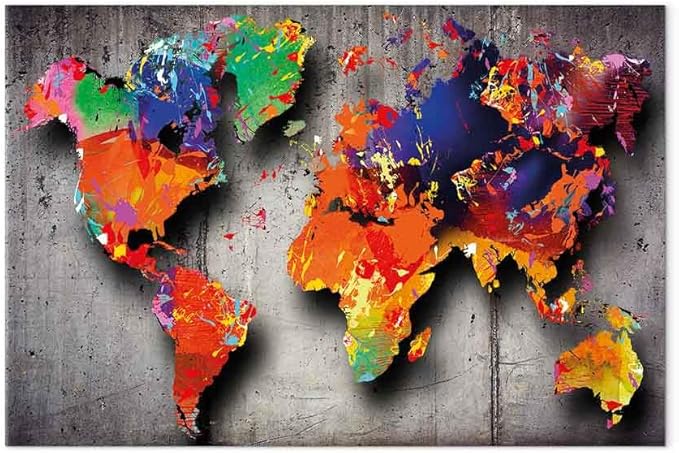 artgeist Canvas Wall Art World Map 24x16 in - 1pcs Home Decor Framed Stretched Picture Photo Painting Artwork Image - Map Worldmap Continents Grey Colorful k-A-0507-b-a