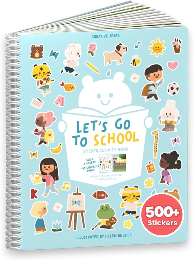 CUPKIN Sticker Book for Kids 2-4, 500+ Kids Stickers, Let's Go to School 12 Coloring Pages 12 Side by Side Scenes, Fun Toddler Travel Activity Coloring and Sticker Books for Ages 4-8 + 8-10